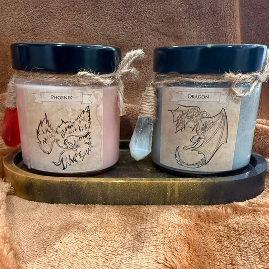 Pack 2 Petites Bougies – Dragon & Phoenix + Plateau